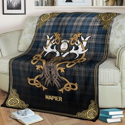 Scottish Napier Modern Tartan Crest With Celtic Stag Premium Blanket - Tartan Plaid Blankets Scottish Plaid Tartan Plaid - ScotsTee - scotstee.com