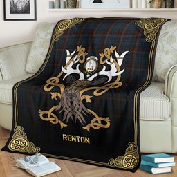 Scottish Renton Tartan Crest With Celtic Stag Premium Blanket - Tartan Plaid Blankets Scottish Plaid Tartan Plaid - ScotsTee - scotstee.com