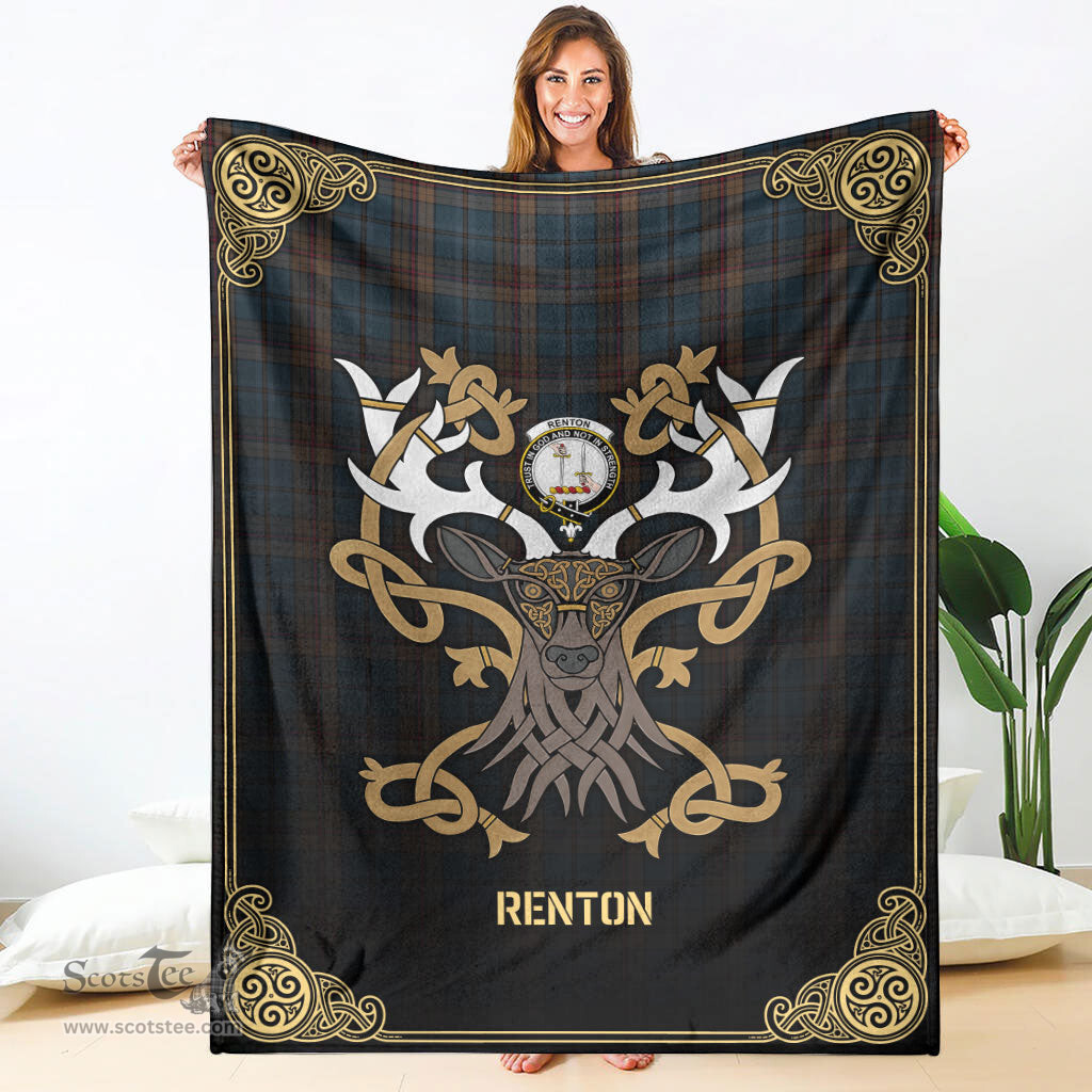 Scottish Renton Tartan Crest With Celtic Stag Premium Blanket - Tartan Plaid Blankets Scottish Plaid Tartan Plaid - ScotsTee - scotstee.com