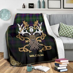 Scottish Malcolm Tartan Crest With Celtic Stag Premium Blanket - Tartan Plaid Blankets Scottish Plaid Tartan Plaid - ScotsTee - scotstee.com