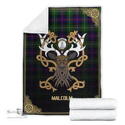 Scottish Malcolm Tartan Crest With Celtic Stag Premium Blanket - Tartan Plaid Blankets Scottish Plaid Tartan Plaid - ScotsTee - scotstee.com