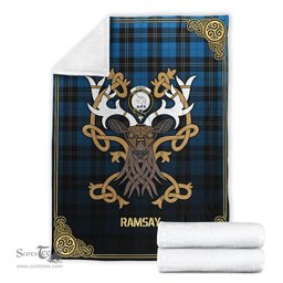 Scottish Ramsay Blue Ancient Tartan Crest With Celtic Stag Premium Blanket - Tartan Plaid Blankets Scottish Plaid Tartan Plaid - ScotsTee - scotstee.com