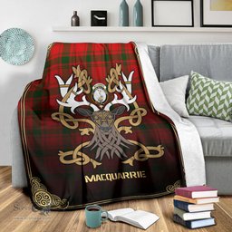 Scottish MacQuarrie Tartan Crest With Celtic Stag Premium Blanket - Tartan Plaid Blankets Scottish Plaid Tartan Plaid - ScotsTee - scotstee.com