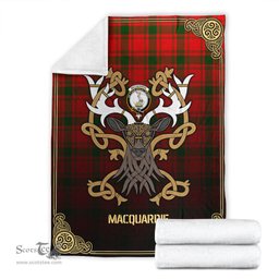 Scottish MacQuarrie Tartan Crest With Celtic Stag Premium Blanket - Tartan Plaid Blankets Scottish Plaid Tartan Plaid - ScotsTee - scotstee.com