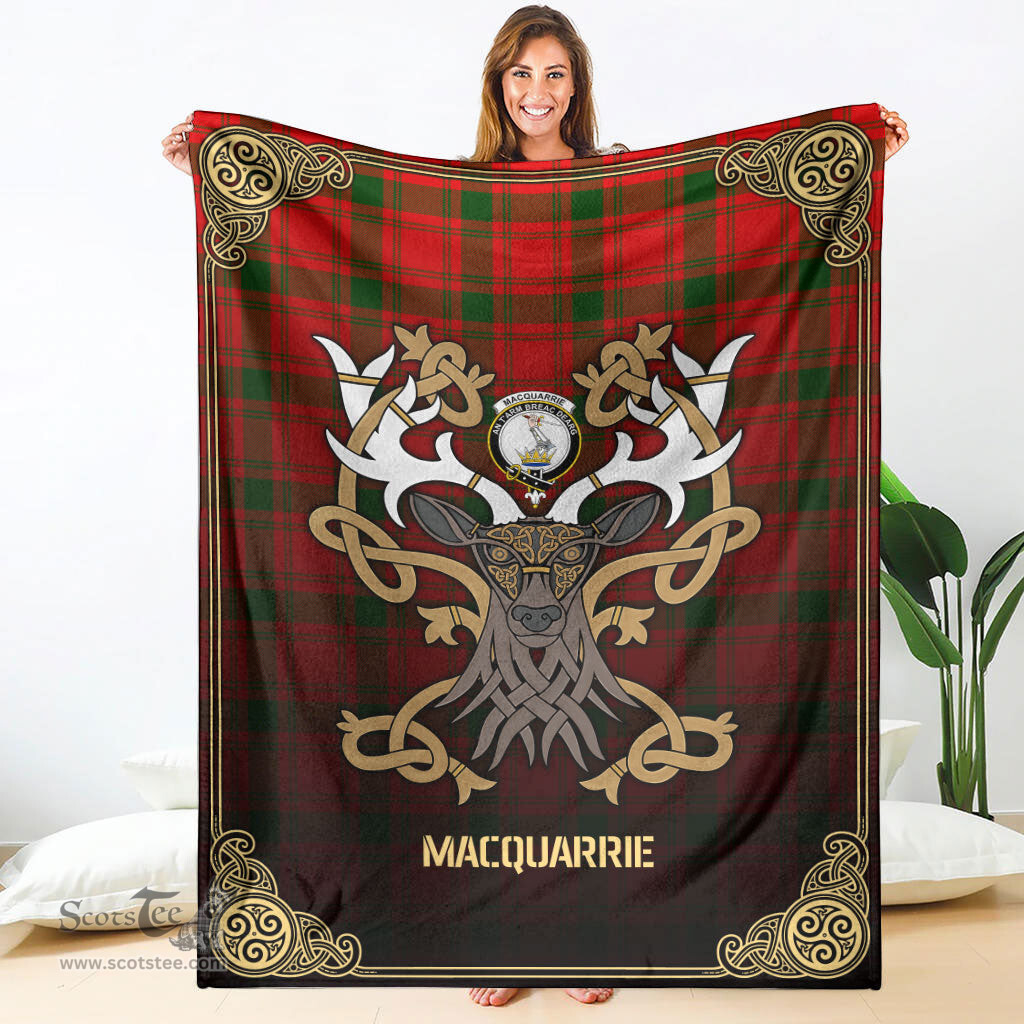Scottish MacQuarrie Tartan Crest With Celtic Stag Premium Blanket - Tartan Plaid Blankets Scottish Plaid Tartan Plaid - ScotsTee - scotstee.com