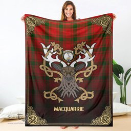 Scottish MacQuarrie Tartan Crest With Celtic Stag Premium Blanket - Tartan Plaid Blankets Scottish Plaid Tartan Plaid - ScotsTee - scotstee.com
