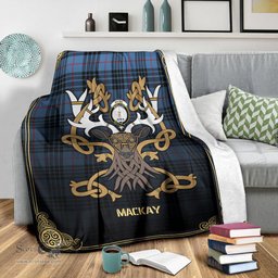 Scottish MacKay Blue Tartan Crest With Celtic Stag Premium Blanket - Tartan Plaid Blankets Scottish Plaid Tartan Plaid - ScotsTee - scotstee.com