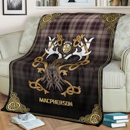 Scottish MacPherson Hunting Ancient Tartan Crest With Celtic Stag Premium Blanket - Tartan Plaid Blankets Scottish Plaid Tartan Plaid - ScotsTee - scotstee.com