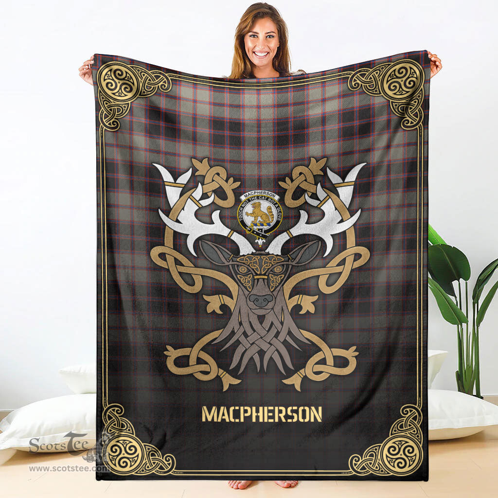 Scottish MacPherson Hunting Ancient Tartan Crest With Celtic Stag Premium Blanket - Tartan Plaid Blankets Scottish Plaid Tartan Plaid - ScotsTee - scotstee.com
