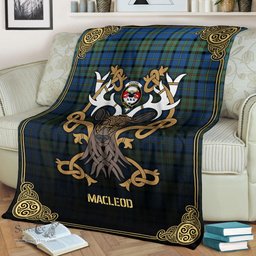 Scottish MacLeod of Harris Ancient Tartan Crest With Celtic Stag Premium Blanket - Tartan Plaid Blankets Scottish Plaid Tartan Plaid - ScotsTee - scotstee.com