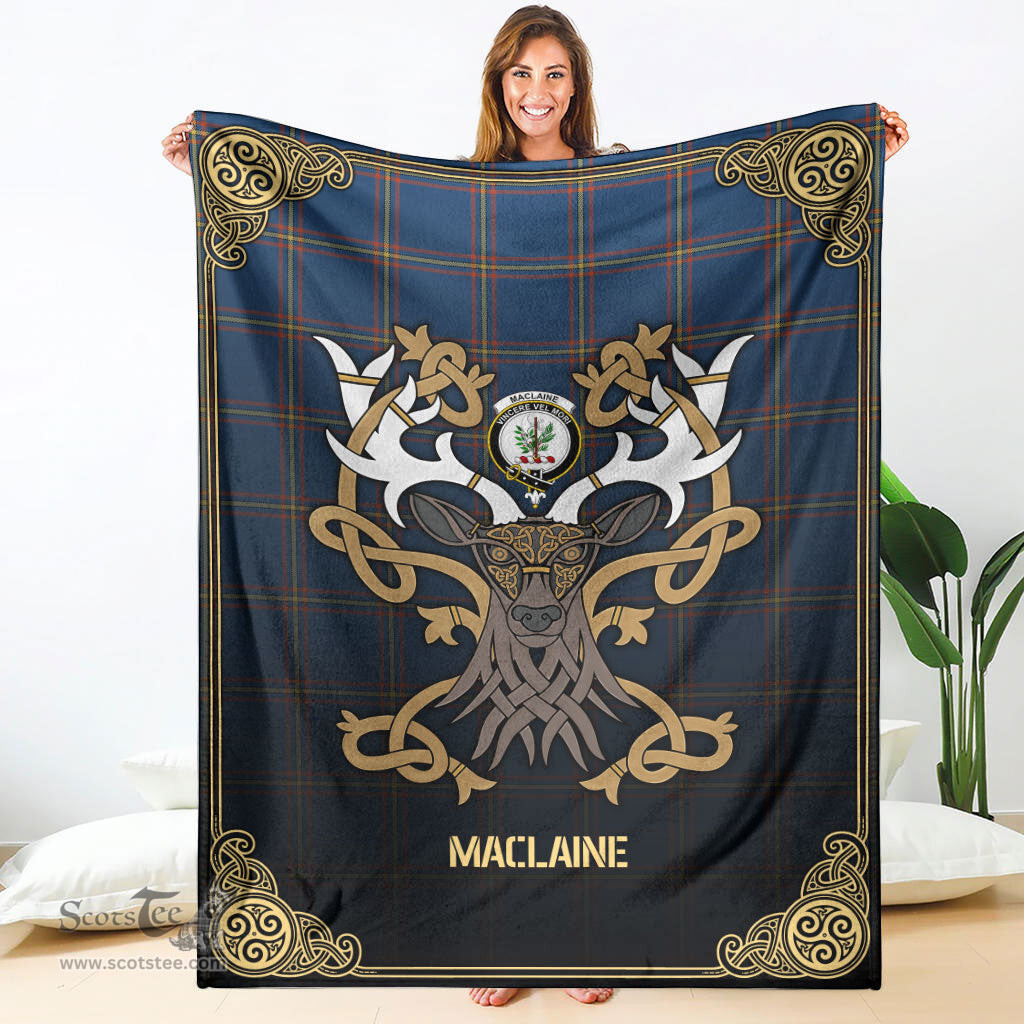 Scottish MacLaine of Loch Buie Hunting Ancient Tartan Crest With Celtic Stag Premium Blanket - Tartan Plaid Blankets Scottish Plaid Tartan Plaid - ScotsTee - scotstee.com