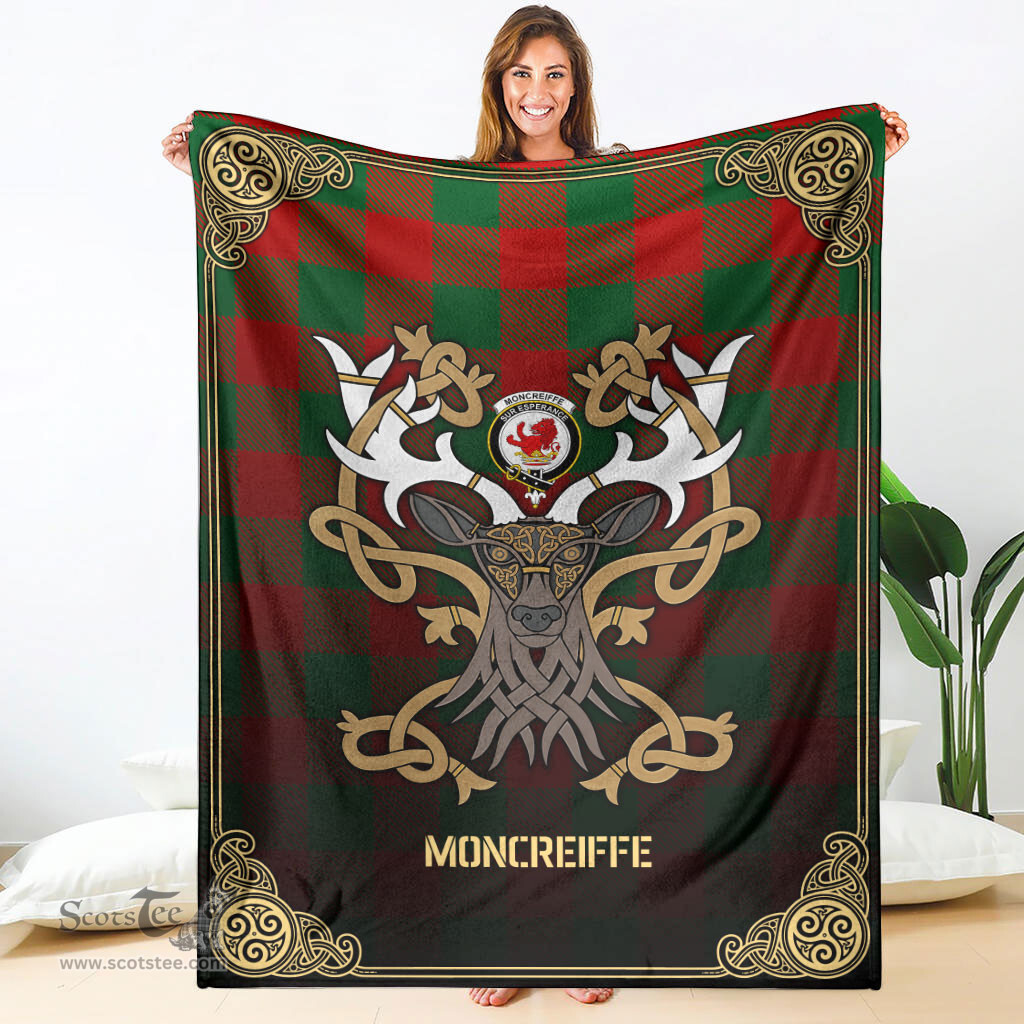 Scottish Moncreiffe (or Moncreiff) Tartan Crest With Celtic Stag Premium Blanket - Tartan Plaid Blankets Scottish Plaid Tartan Plaid - ScotsTee - scotstee.com
