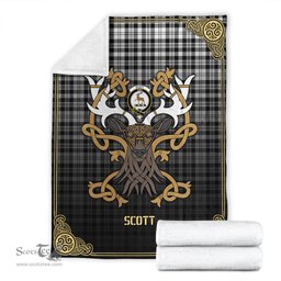Scottish Scott Black & White Modern Tartan Crest With Celtic Stag Premium Blanket - Tartan Plaid Blankets Scottish Plaid Tartan Plaid - ScotsTee - scotstee.com