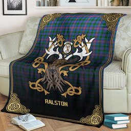 Scottish Ralston Tartan Crest With Celtic Stag Premium Blanket - Tartan Plaid Blankets Scottish Plaid Tartan Plaid - ScotsTee - scotstee.com