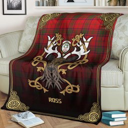 Scottish Ross Modern Tartan Crest With Celtic Stag Premium Blanket - Tartan Plaid Blankets Scottish Plaid Tartan Plaid - ScotsTee - scotstee.com