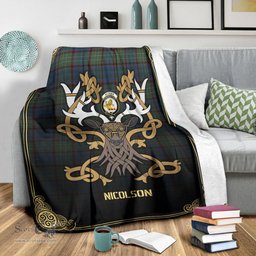 Scottish Nicolson Hunting Ancient Tartan Crest With Celtic Stag Premium Blanket - Tartan Plaid Blankets Scottish Plaid Tartan Plaid - ScotsTee - scotstee.com