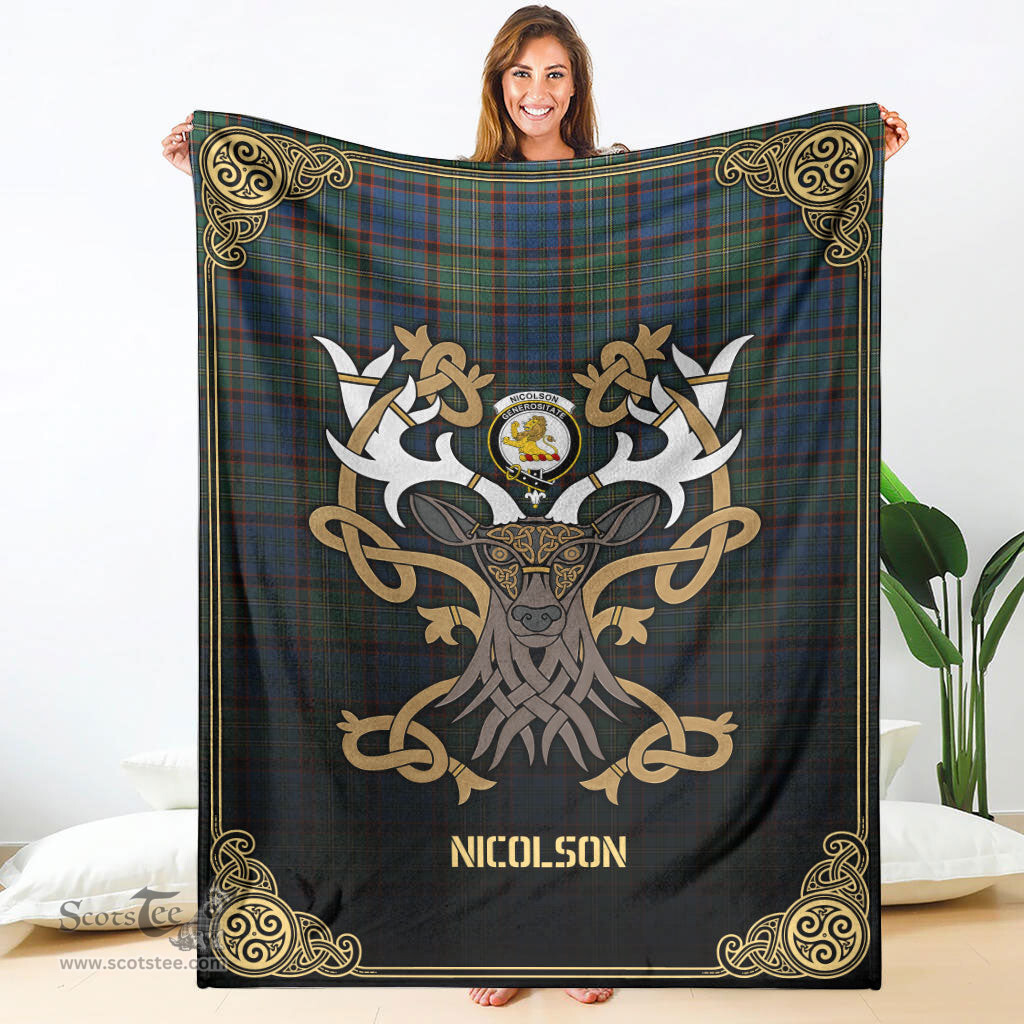 Scottish Nicolson Hunting Ancient Tartan Crest With Celtic Stag Premium Blanket - Tartan Plaid Blankets Scottish Plaid Tartan Plaid - ScotsTee - scotstee.com