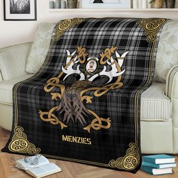 Scottish Menzies Black _ White Modern Tartan Crest With Celtic Stag Premium Blanket - Tartan Plaid Blankets Scottish Plaid Tartan Plaid - ScotsTee - scotstee.com