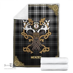 Scottish Menzies Black _ White Modern Tartan Crest With Celtic Stag Premium Blanket - Tartan Plaid Blankets Scottish Plaid Tartan Plaid - ScotsTee - scotstee.com