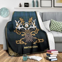 Scottish Matheson Hunting Ancient Tartan Crest With Celtic Stag Premium Blanket - Tartan Plaid Blankets Scottish Plaid Tartan Plaid - ScotsTee - scotstee.com