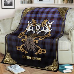 Scottish Rutherford Tartan Crest With Celtic Stag Premium Blanket - Tartan Plaid Blankets Scottish Plaid Tartan Plaid - ScotsTee - scotstee.com
