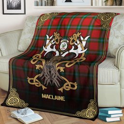 Scottish MacLaine of Loch Buie Tartan Crest With Celtic Stag Premium Blanket - Tartan Plaid Blankets Scottish Plaid Tartan Plaid - ScotsTee - scotstee.com