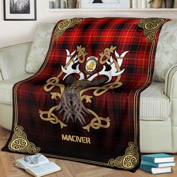Scottish MacIver Modern Tartan Crest With Celtic Stag Premium Blanket - Tartan Plaid Blankets Scottish Plaid Tartan Plaid - ScotsTee - scotstee.com