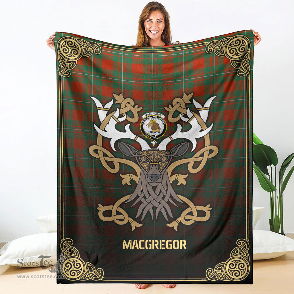 Scottish MacGregor Ancient Tartan Crest With Celtic Stag Premium Blanket - Tartan Plaid Blankets Scottish Plaid Tartan Plaid - ScotsTee - scotstee.com