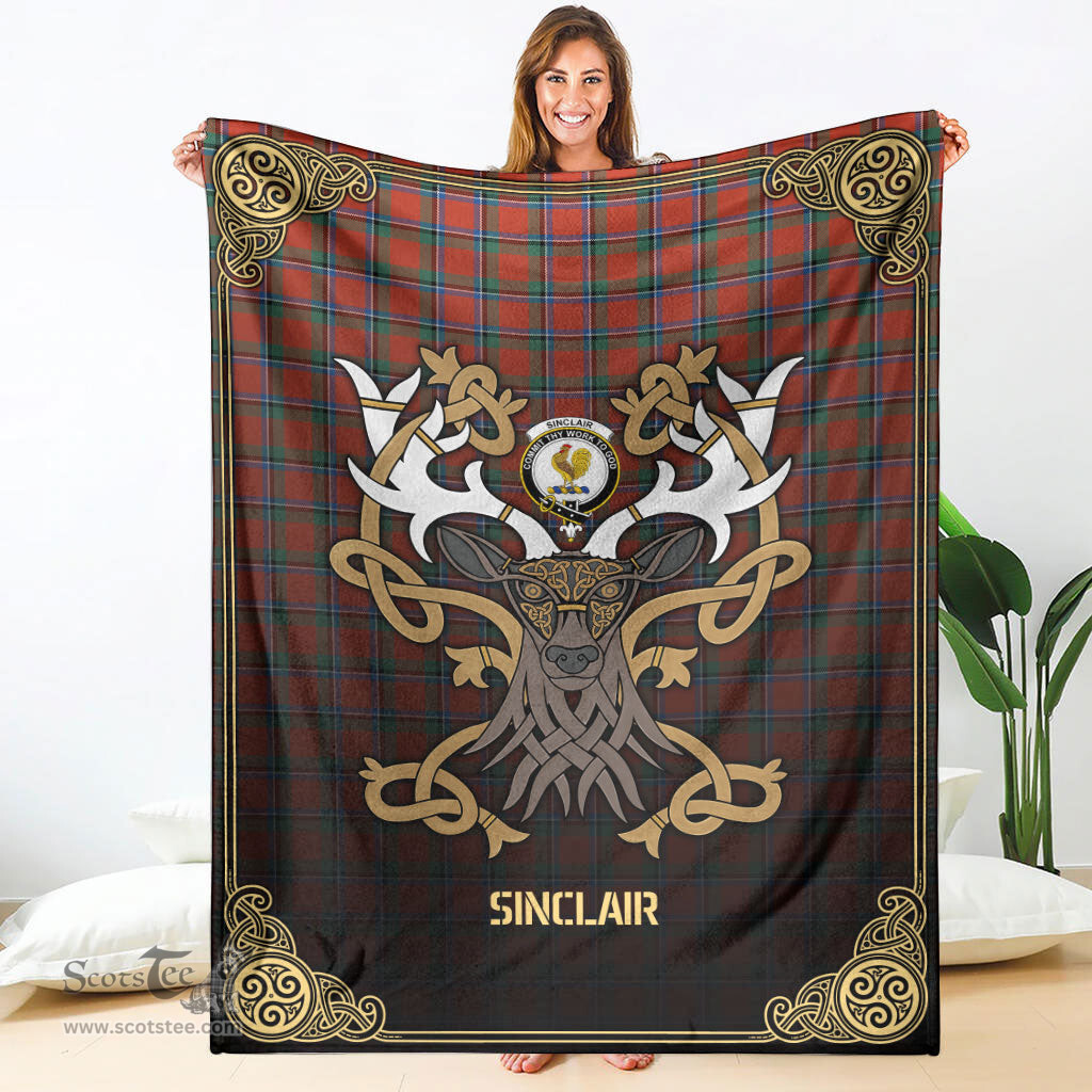 Scottish Sinclair Ancient Tartan Crest With Celtic Stag Premium Blanket - Tartan Plaid Blankets Scottish Plaid Tartan Plaid - ScotsTee - scotstee.com