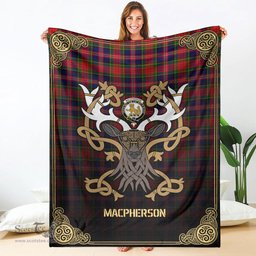 Scottish MacPherson Modern Tartan Crest With Celtic Stag Premium Blanket - Tartan Plaid Blankets Scottish Plaid Tartan Plaid - ScotsTee - scotstee.com