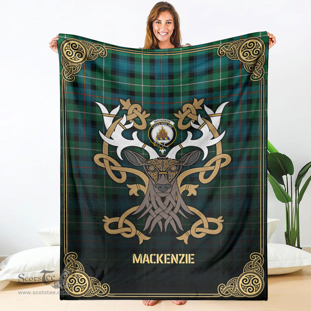 Scottish MacKenzie Ancient Tartan Crest With Celtic Stag Premium Blanket - Tartan Plaid Blankets Scottish Plaid Tartan Plaid - ScotsTee - scotstee.com