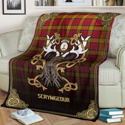 Scottish Scrymgeour Tartan Crest With Celtic Stag Premium Blanket - Tartan Plaid Blankets Scottish Plaid Tartan Plaid - ScotsTee - scotstee.com