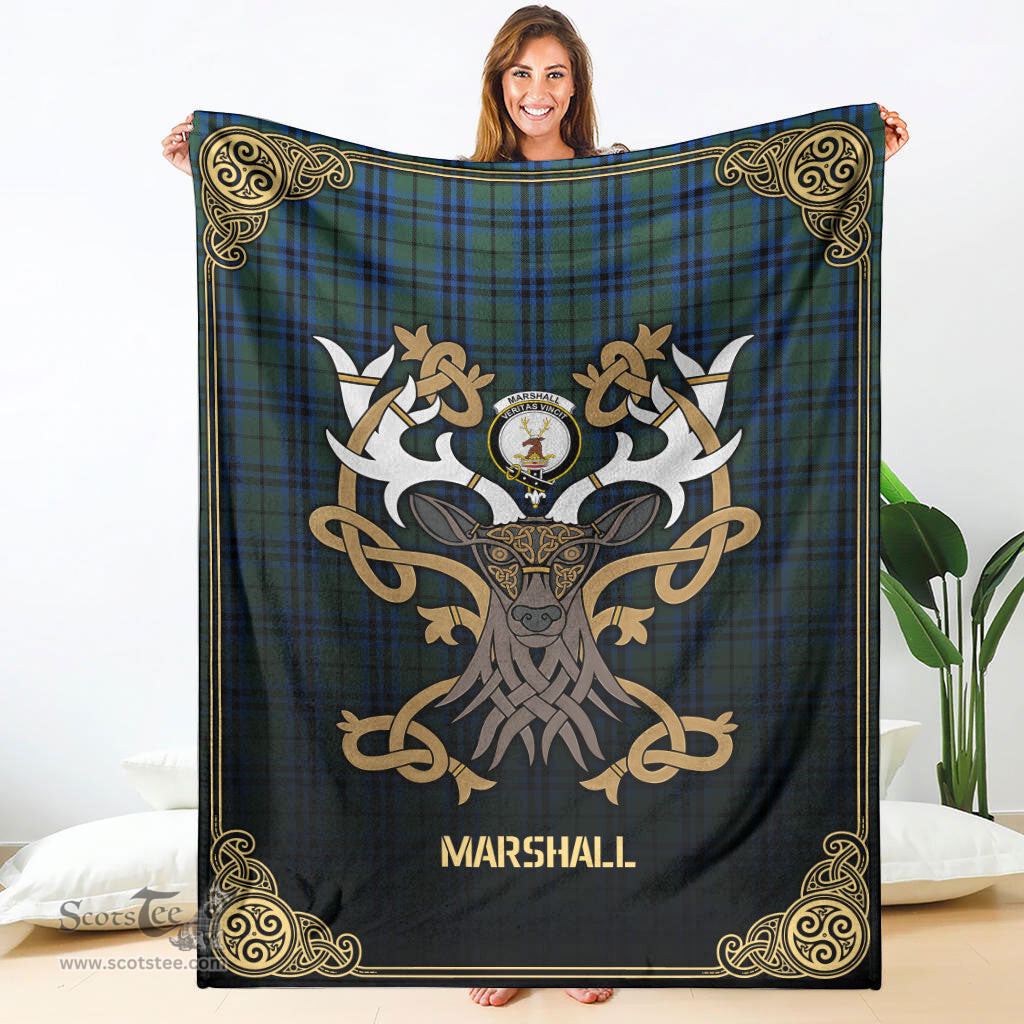 Scottish Marshall Tartan Crest With Celtic Stag Premium Blanket - Tartan Plaid Blankets Scottish Plaid Tartan Plaid - ScotsTee - scotstee.com