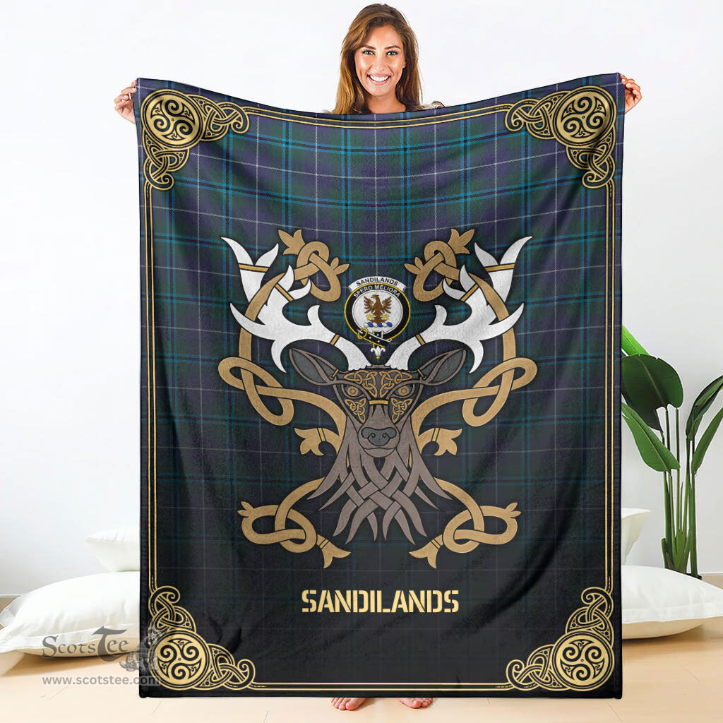Scottish Sandilands Tartan Crest With Celtic Stag Premium Blanket - Tartan Plaid Blankets Scottish Plaid Tartan Plaid - ScotsTee - scotstee.com
