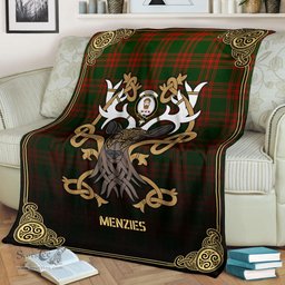 Scottish Menzies Green Modern Tartan Crest With Celtic Stag Premium Blanket - Tartan Plaid Blankets Scottish Plaid Tartan Plaid - ScotsTee - scotstee.com