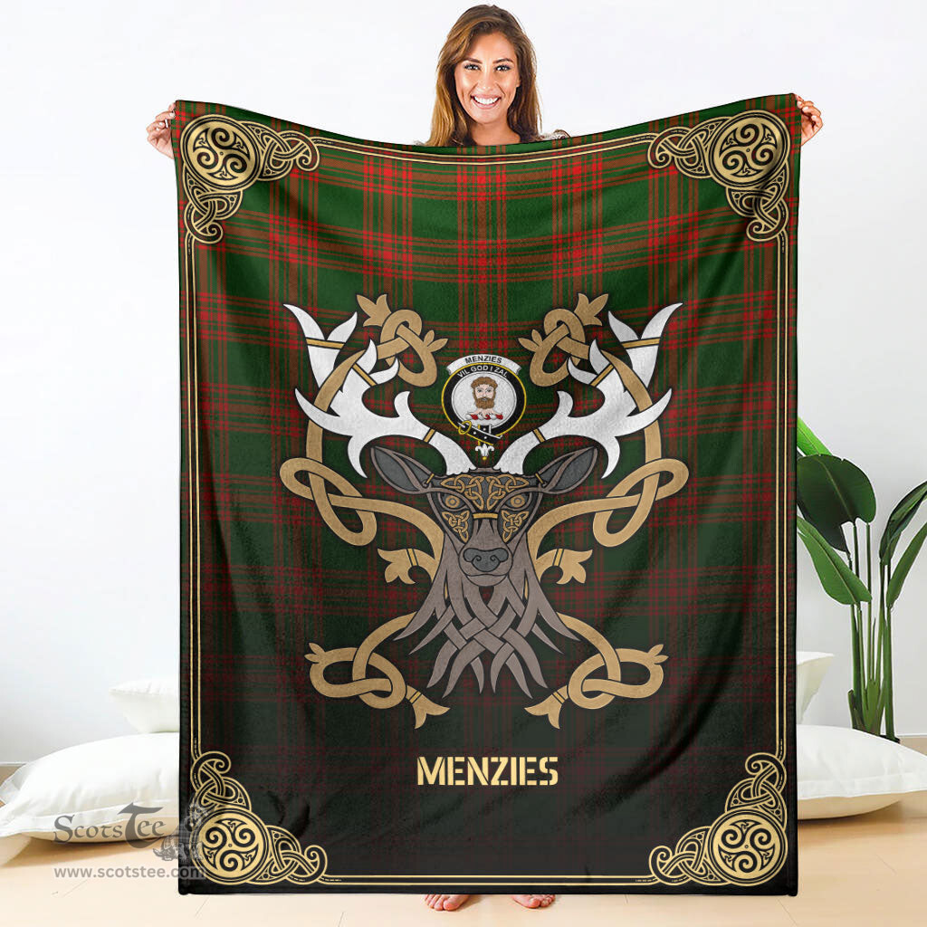 Scottish Menzies Green Modern Tartan Crest With Celtic Stag Premium Blanket - Tartan Plaid Blankets Scottish Plaid Tartan Plaid - ScotsTee - scotstee.com