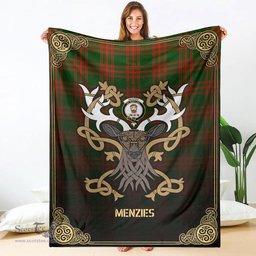 Scottish Menzies Green Modern Tartan Crest With Celtic Stag Premium Blanket - Tartan Plaid Blankets Scottish Plaid Tartan Plaid - ScotsTee - scotstee.com
