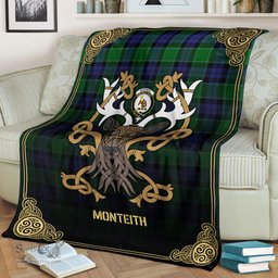 Scottish Monteith Tartan Crest With Celtic Stag Premium Blanket - Tartan Plaid Blankets Scottish Plaid Tartan Plaid - ScotsTee - scotstee.com
