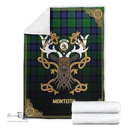 Scottish Monteith Tartan Crest With Celtic Stag Premium Blanket - Tartan Plaid Blankets Scottish Plaid Tartan Plaid - ScotsTee - scotstee.com