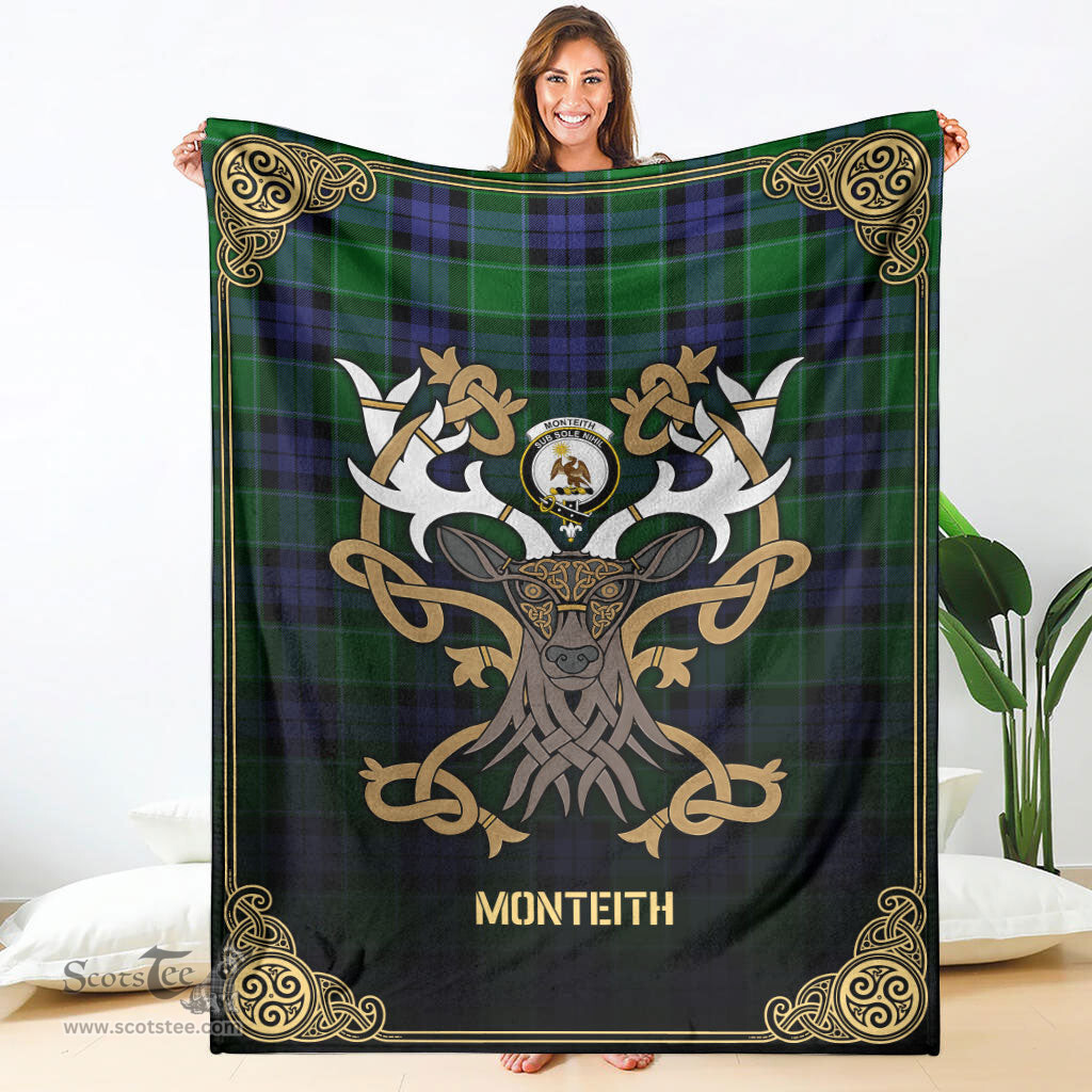 Scottish Monteith Tartan Crest With Celtic Stag Premium Blanket - Tartan Plaid Blankets Scottish Plaid Tartan Plaid - ScotsTee - scotstee.com