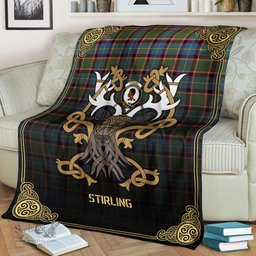 Scottish Stirling (of Keir) Tartan Crest With Celtic Stag Premium Blanket - Tartan Plaid Blankets Scottish Plaid Tartan Plaid - ScotsTee - scotstee.com