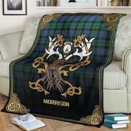 Scottish Morrison Ancient Tartan Crest With Celtic Stag Premium Blanket - Tartan Plaid Blankets Scottish Plaid Tartan Plaid - ScotsTee - scotstee.com