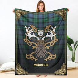 Scottish Morrison Ancient Tartan Crest With Celtic Stag Premium Blanket - Tartan Plaid Blankets Scottish Plaid Tartan Plaid - ScotsTee - scotstee.com