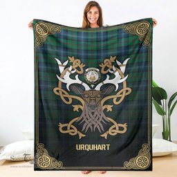 Scottish Urquhart Ancient Tartan Crest With Celtic Stag Premium Blanket - Tartan Plaid Blankets Scottish Plaid Tartan Plaid - ScotsTee - scotstee.com