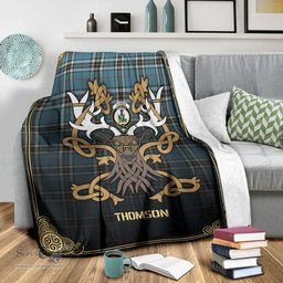 Scottish Thomson Blue Tartan Crest With Celtic Stag Premium Blanket - Tartan Plaid Blankets Scottish Plaid Tartan Plaid - ScotsTee - scotstee.com
