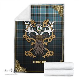 Scottish Thomson Blue Tartan Crest With Celtic Stag Premium Blanket - Tartan Plaid Blankets Scottish Plaid Tartan Plaid - ScotsTee - scotstee.com