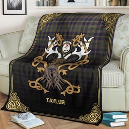 Scottish Taylor Weathered Tartan Crest With Celtic Stag Premium Blanket - Tartan Plaid Blankets Scottish Plaid Tartan Plaid - ScotsTee - scotstee.com