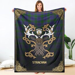 Scottish Strachan Tartan Crest With Celtic Stag Premium Blanket - Tartan Plaid Blankets Scottish Plaid Tartan Plaid - ScotsTee - scotstee.com