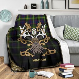 Scottish Watson Modern Tartan Crest With Celtic Stag Premium Blanket - Tartan Plaid Blankets Scottish Plaid Tartan Plaid - ScotsTee - scotstee.com