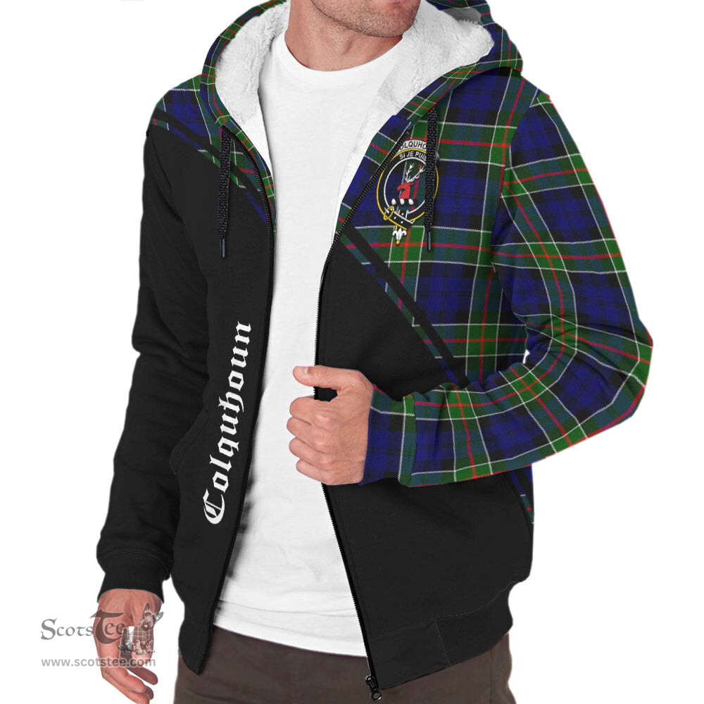 Scottish Colquhoun Modern Tartan Sherpa Hoodie with Family Crest Curve Style Tartan Fleece Hoodie Scottish Plaid Tartan Plaid - ScotsTee - scotstee.com